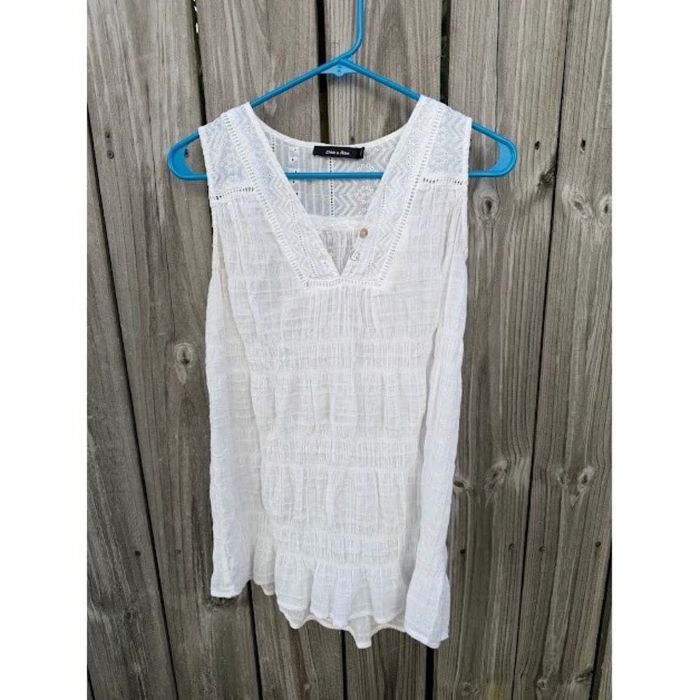 Boho Cottagecore Doe & Rae Sleeveless Top S White Eyelet Smocked Gauze Babydoll